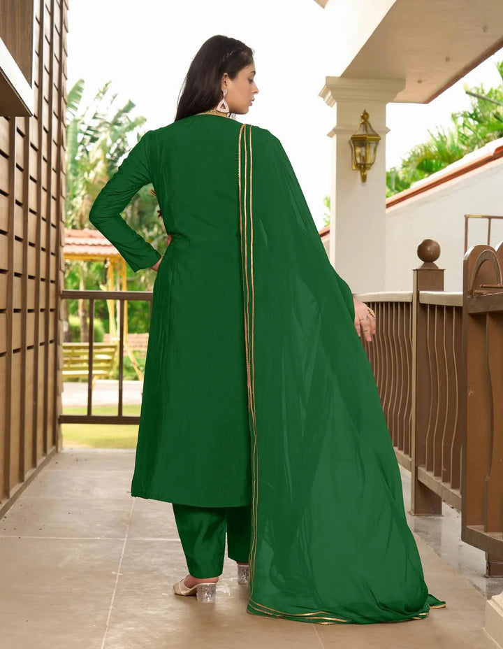 Green Embroidered Art Silk Straight Suit
