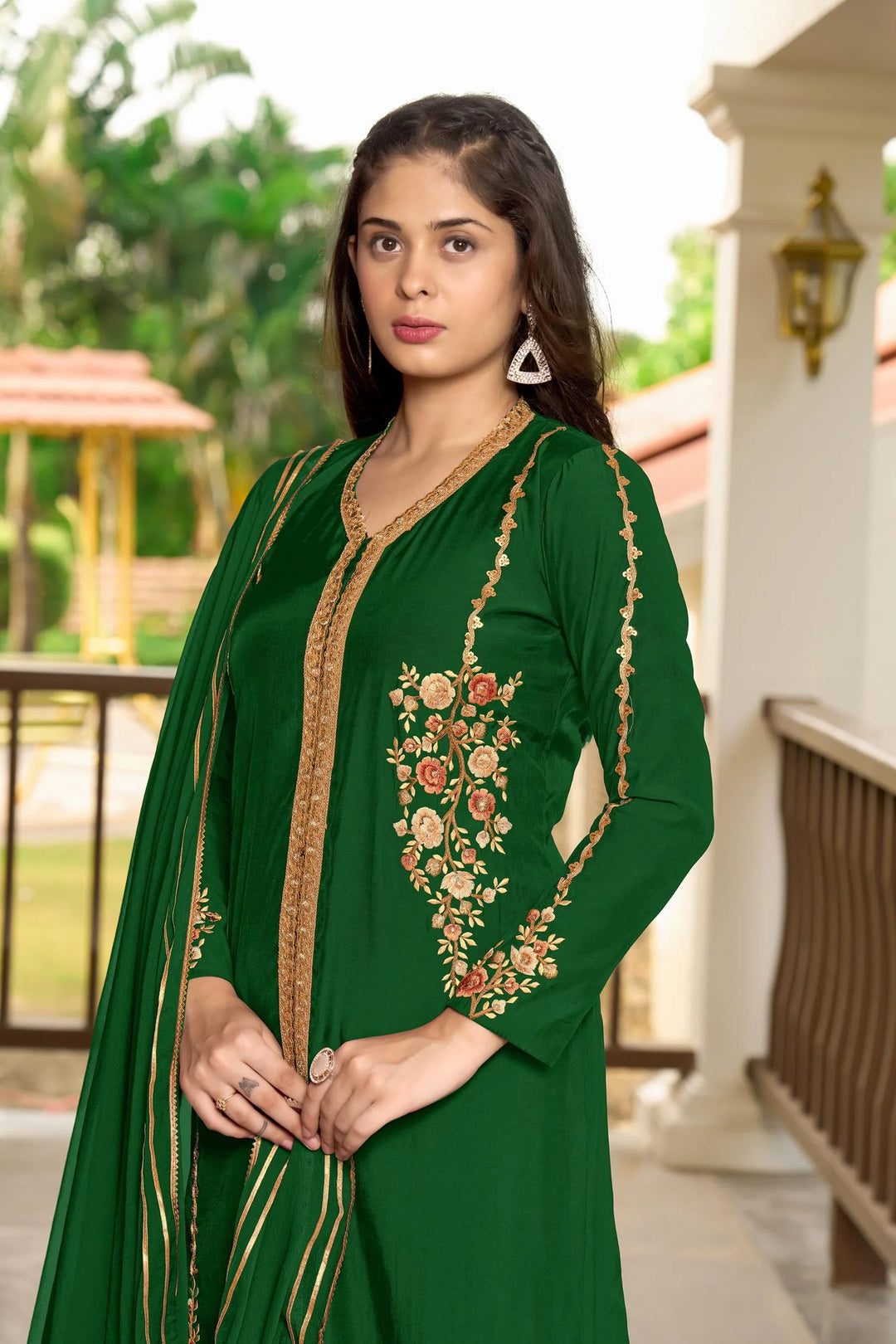 Green Embroidered Art Silk Straight Suit