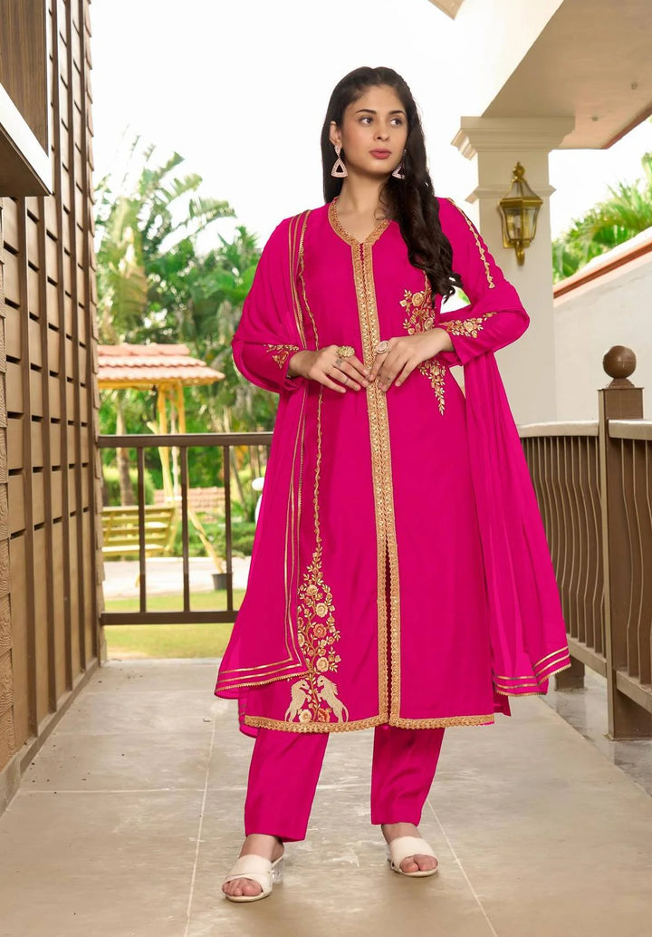 Pink Embroidered Art Silk Straight Suit