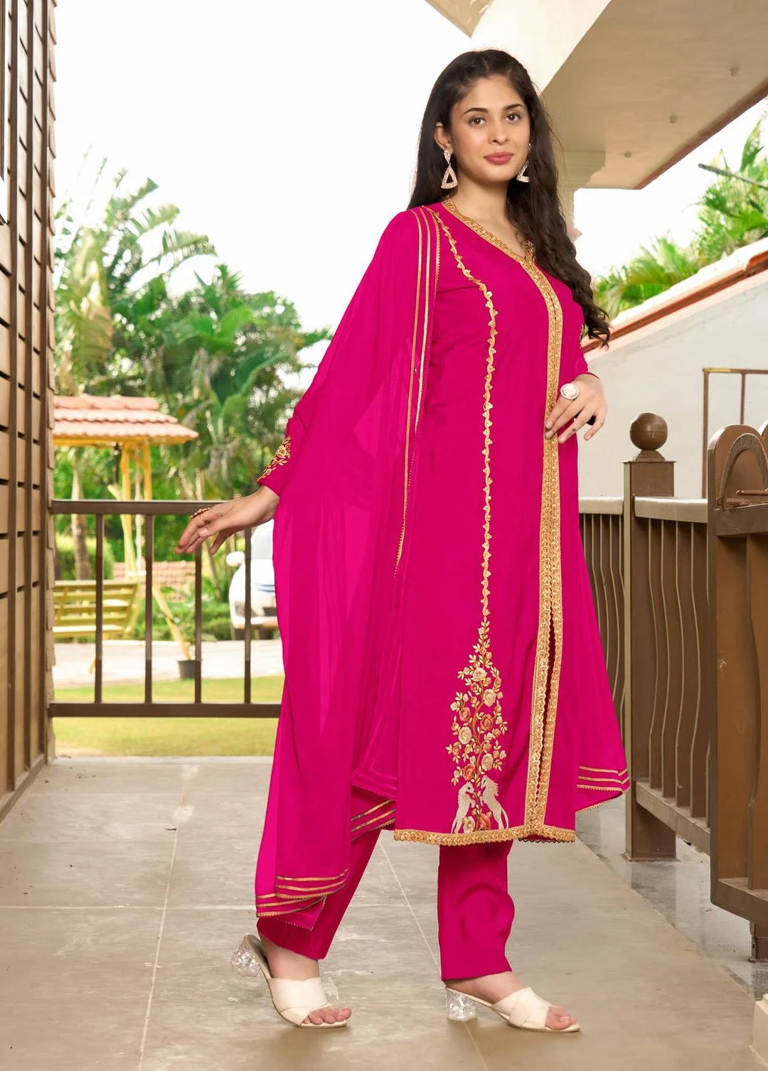 Pink Embroidered Art Silk Straight Suit