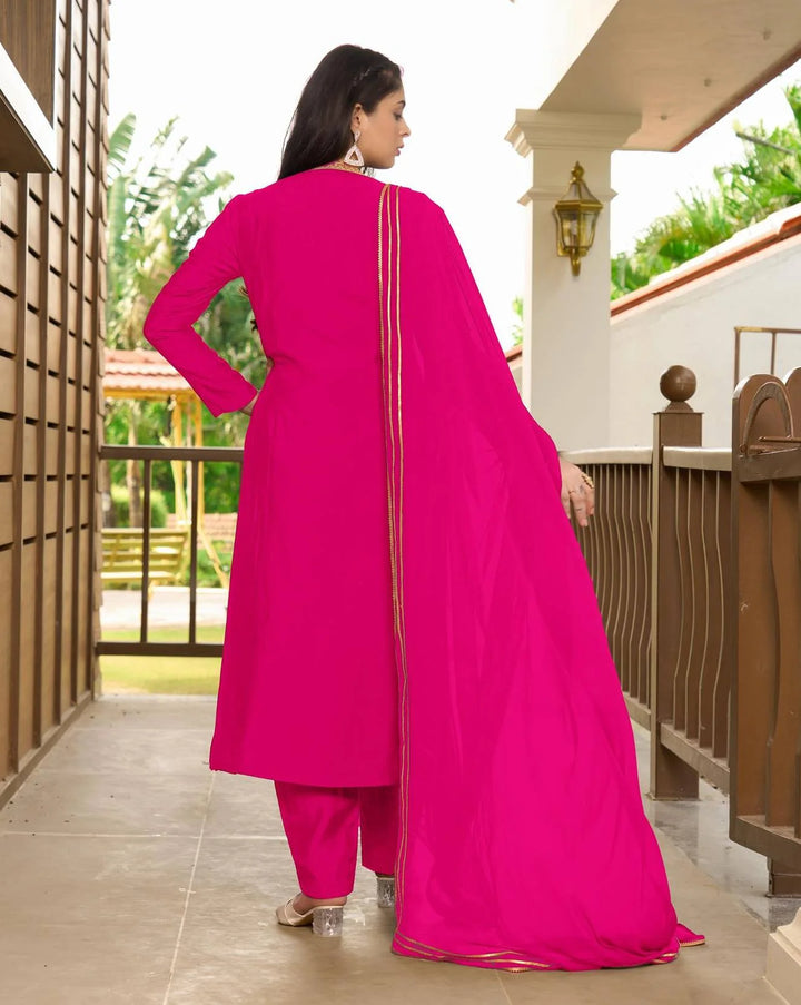 Pink Embroidered Art Silk Straight Suit