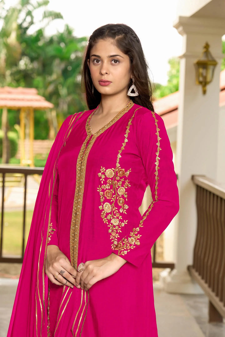 Pink Embroidered Art Silk Straight Suit