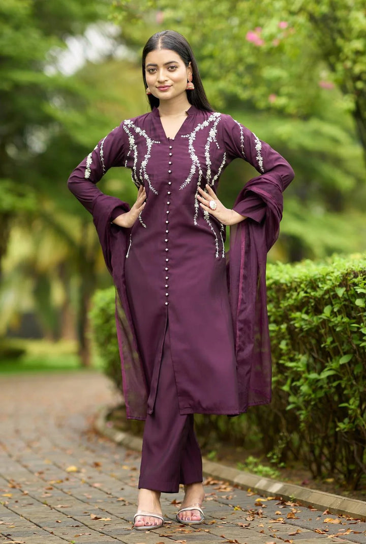 Violet Embroidered Art Silk Straight Suit