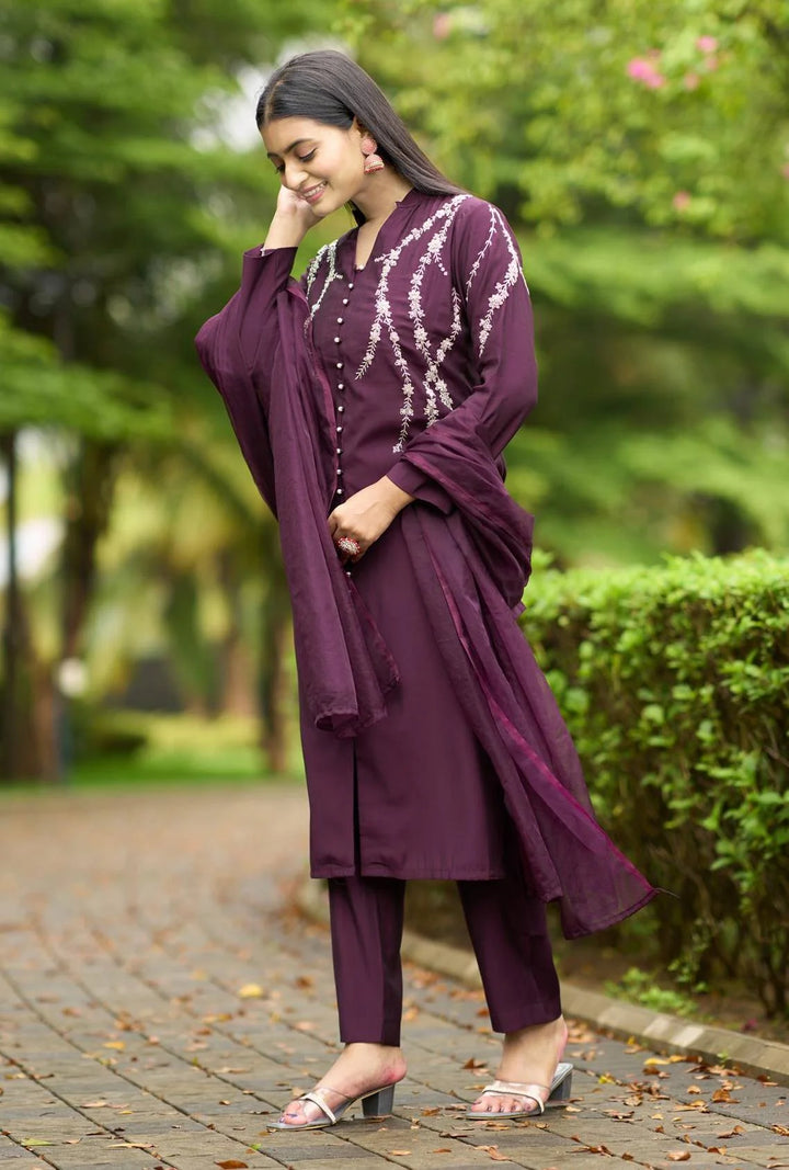 Violet Embroidered Art Silk Straight Suit