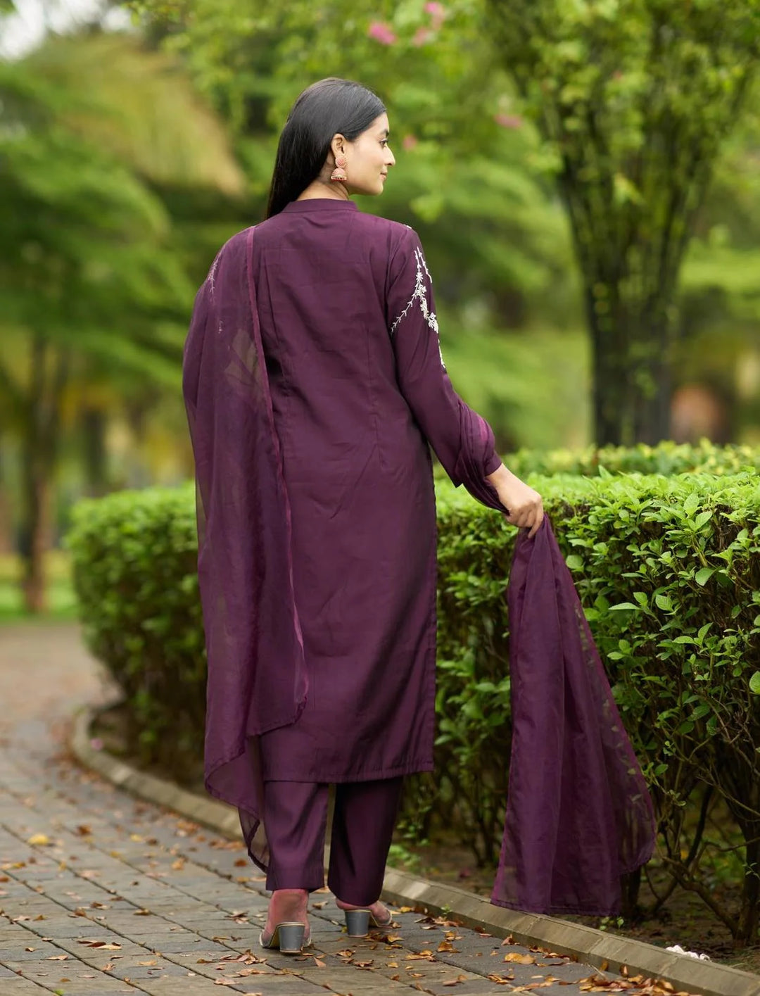 Violet Embroidered Art Silk Straight Suit