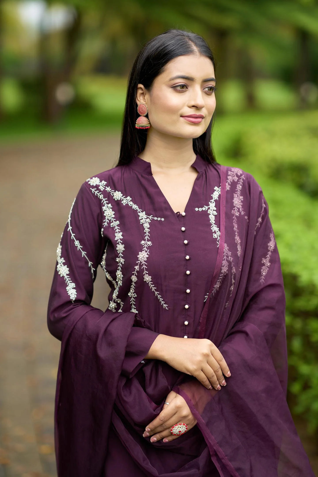 Violet Embroidered Art Silk Straight Suit