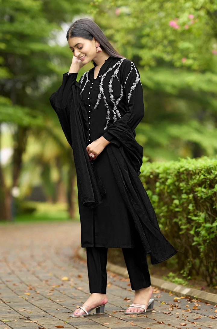 Black Embroidered Art Silk Straight Suit