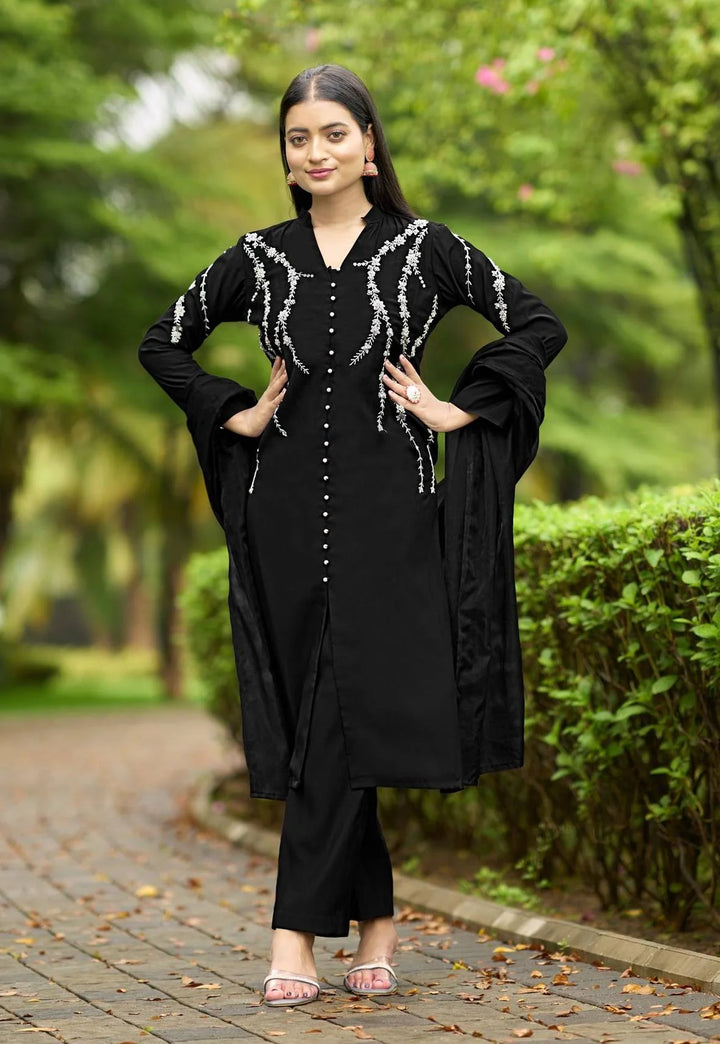 Black Embroidered Art Silk Straight Suit