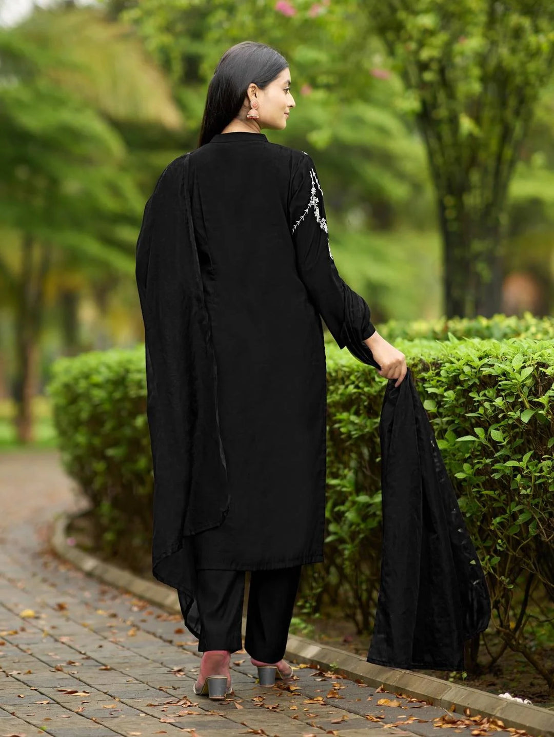 Black Embroidered Art Silk Straight Suit