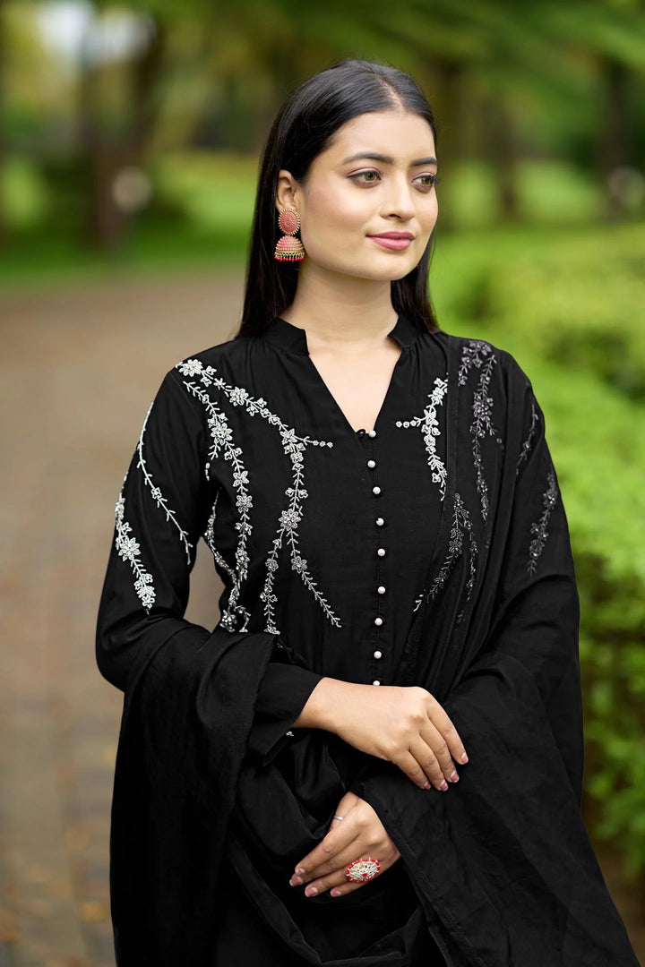 Black Embroidered Art Silk Straight Suit