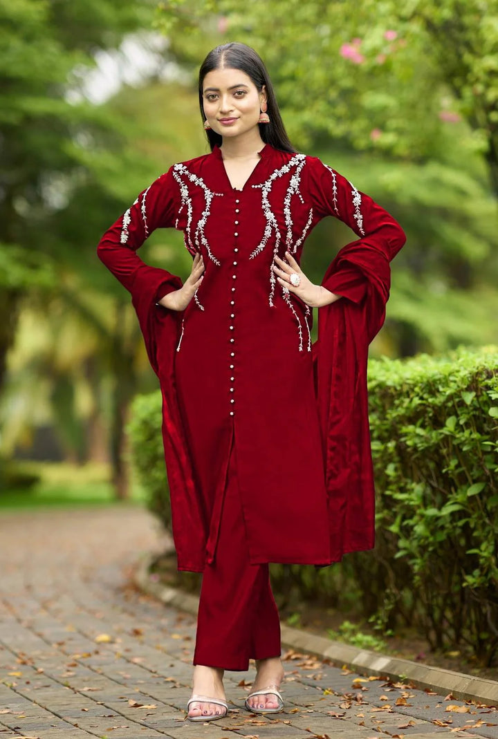 Maroon Embroidered Art Silk Straight Suit