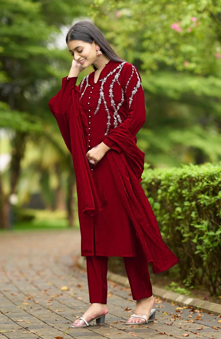 Maroon Embroidered Art Silk Straight Suit