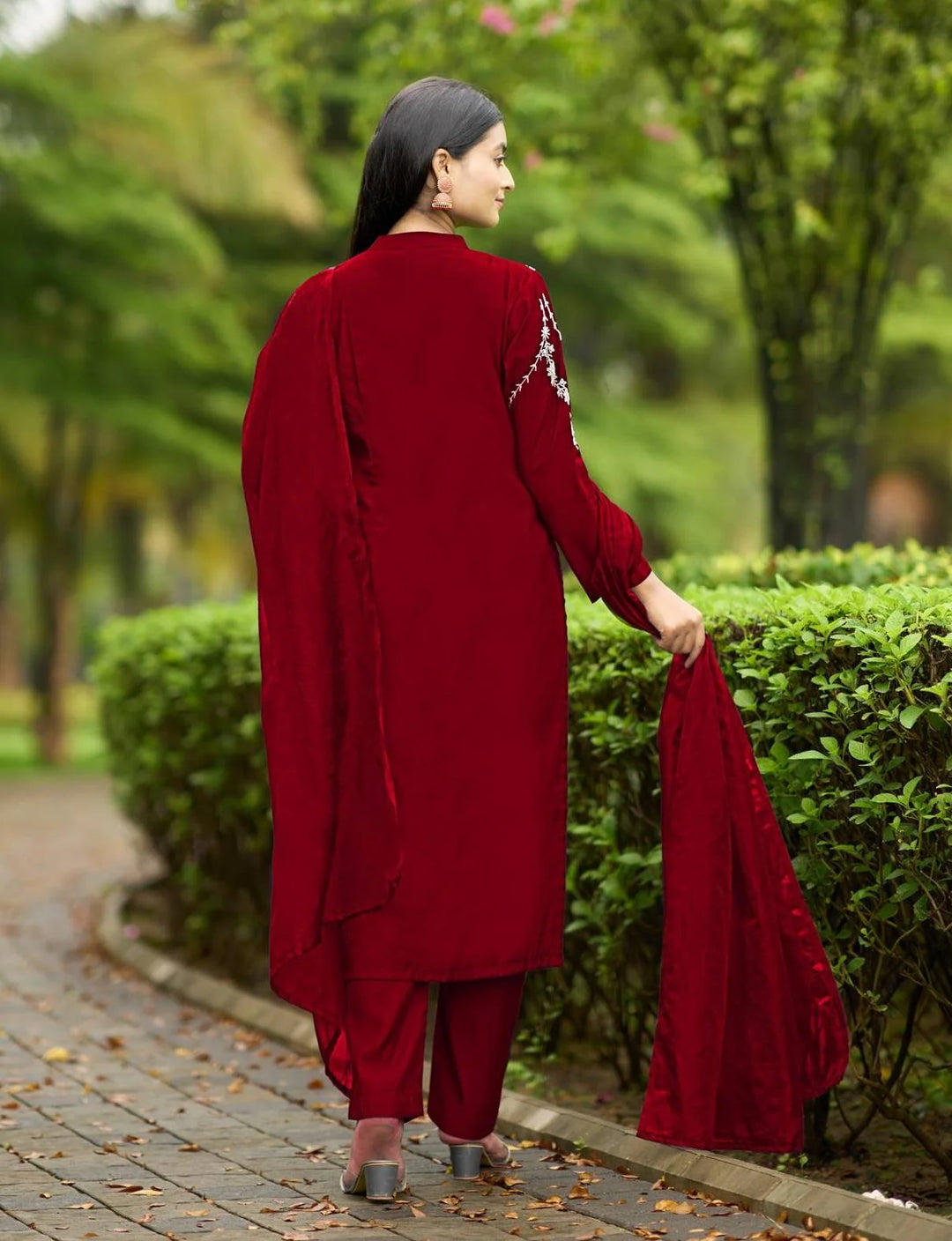 Maroon Embroidered Art Silk Straight Suit