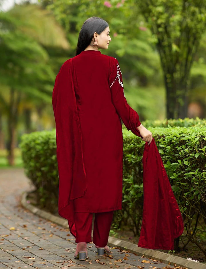 Maroon Embroidered Art Silk Straight Suit