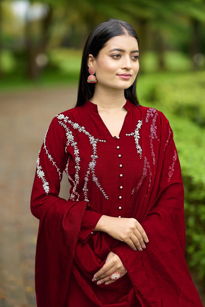 Maroon Embroidered Art Silk Straight Suit
