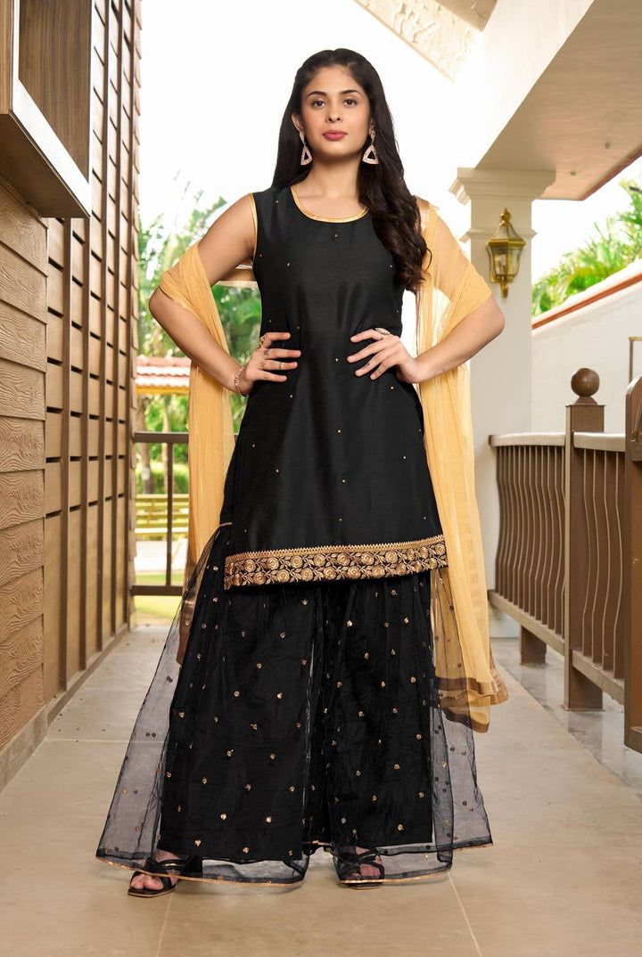 Black Embroidered Art Silk Straight Suit