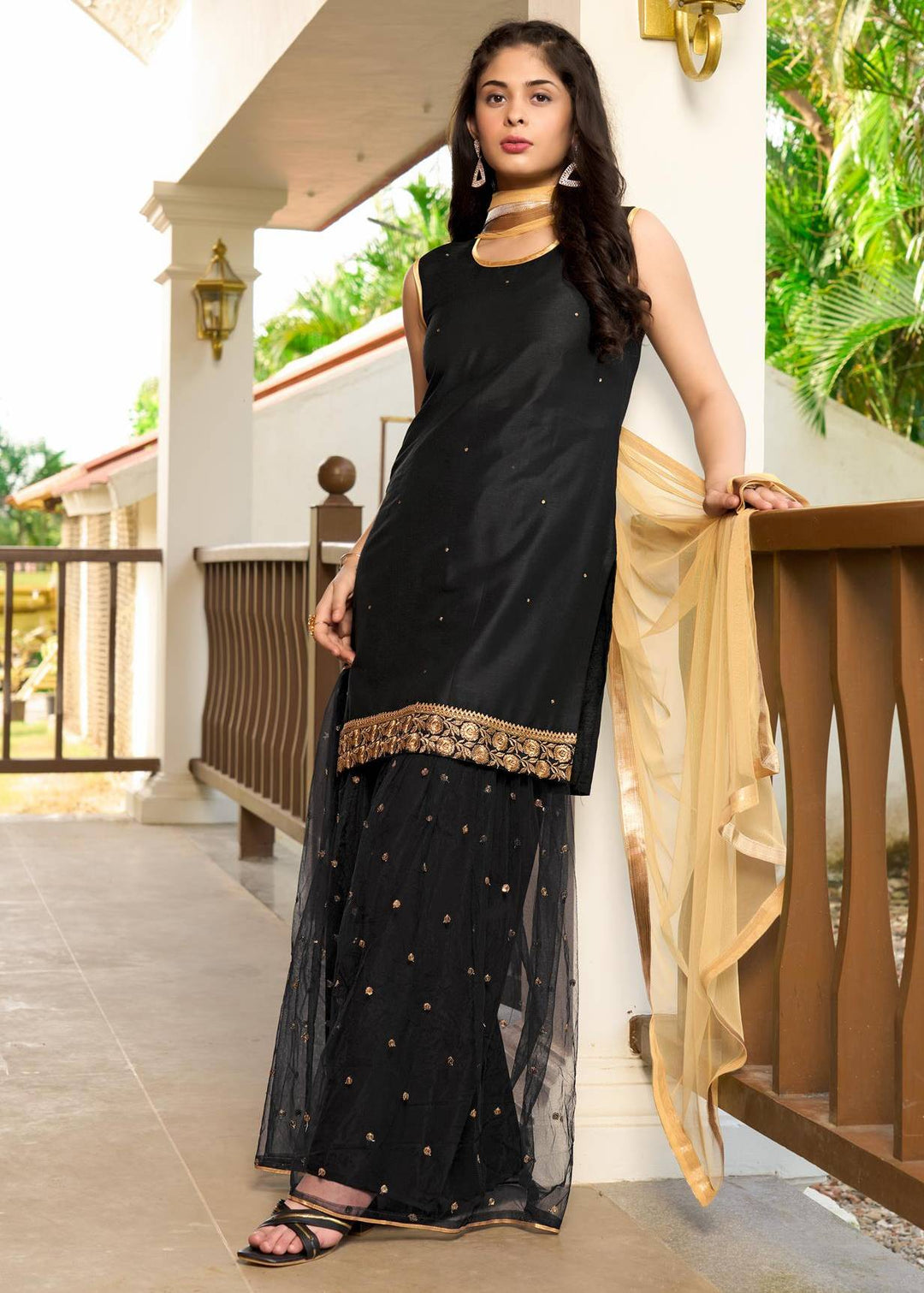 Black Embroidered Art Silk Straight Suit