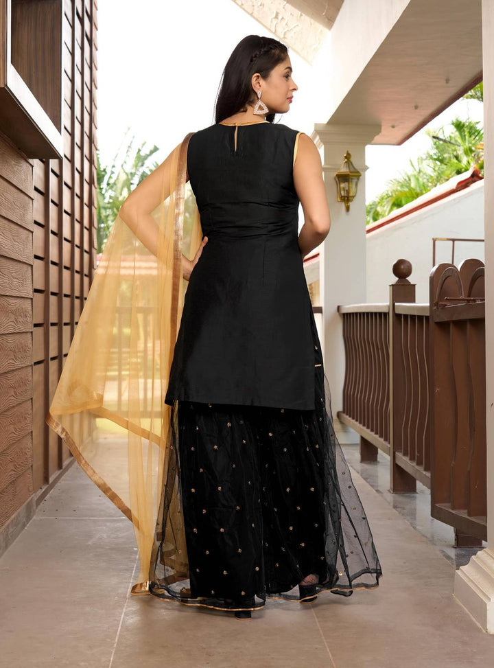 Black Embroidered Art Silk Straight Suit