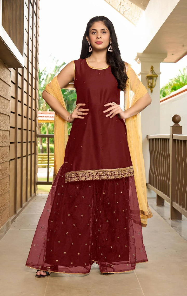 Maroon Embroidered Art Silk Straight Suit