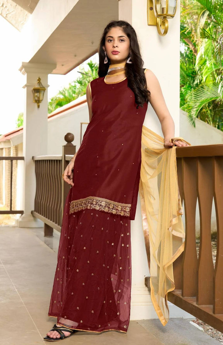 Maroon Embroidered Art Silk Straight Suit