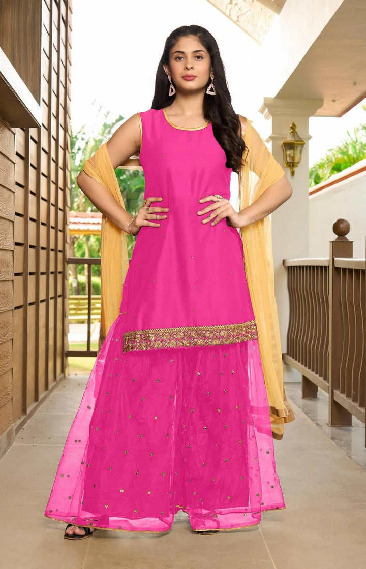 Pink Embroidered Art Silk Straight Suit