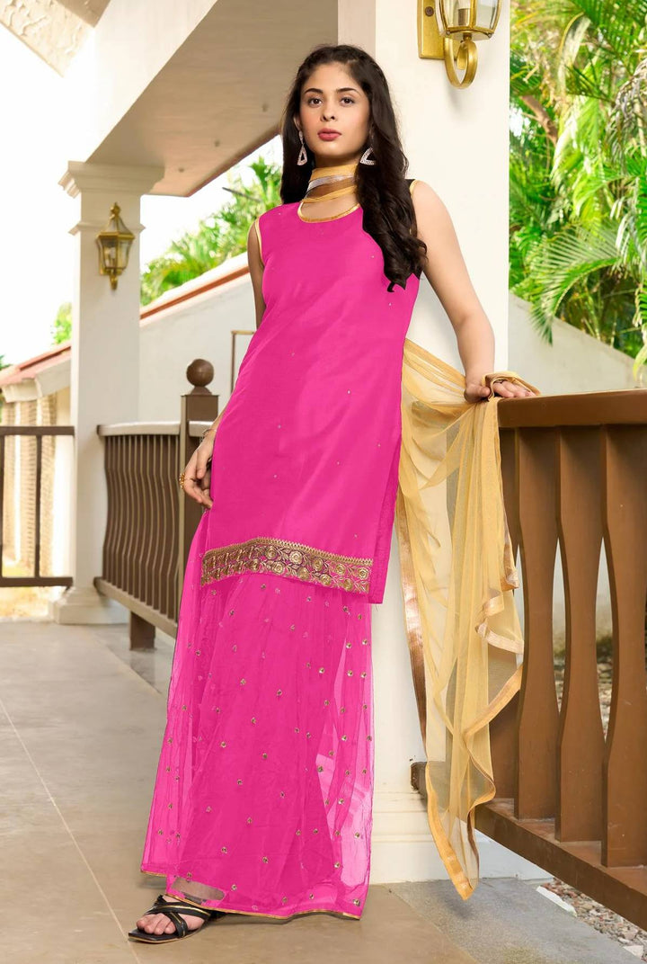 Pink Embroidered Art Silk Straight Suit