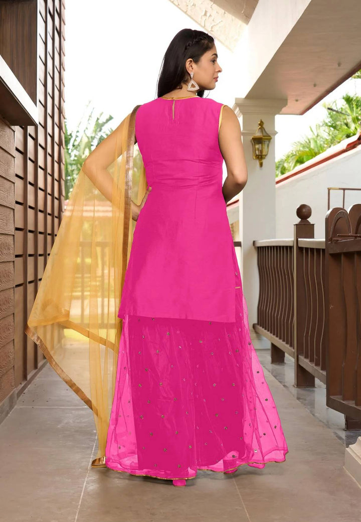 Pink Embroidered Art Silk Straight Suit