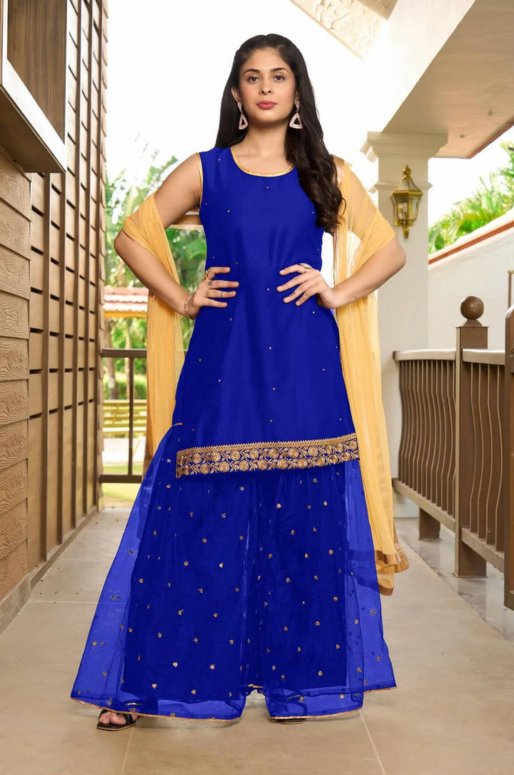 Royal Blue Embroidered Art Silk Straight Suit