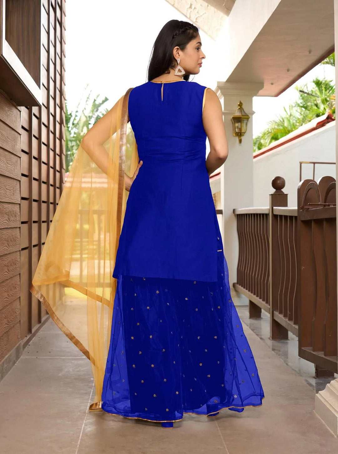 Royal Blue Embroidered Art Silk Straight Suit