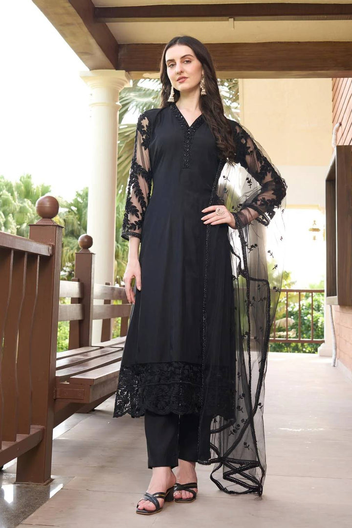 Black Embroidered Art Silk Straight Suit