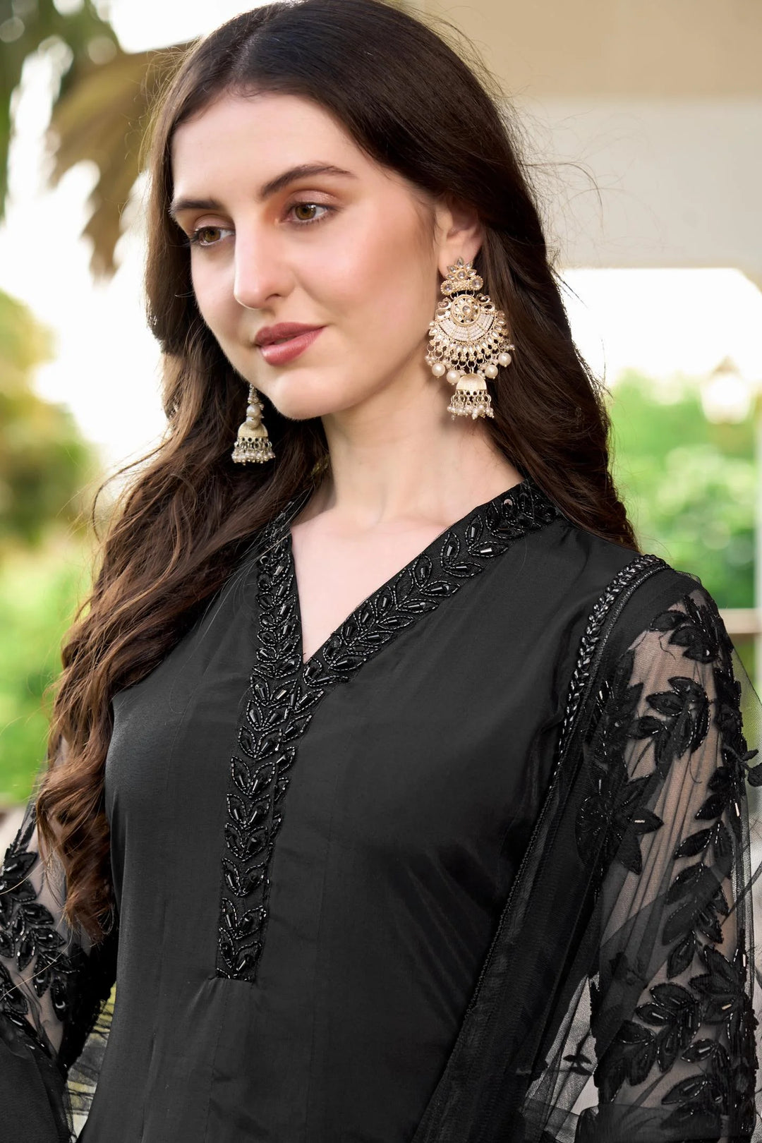 Black Embroidered Art Silk Straight Suit
