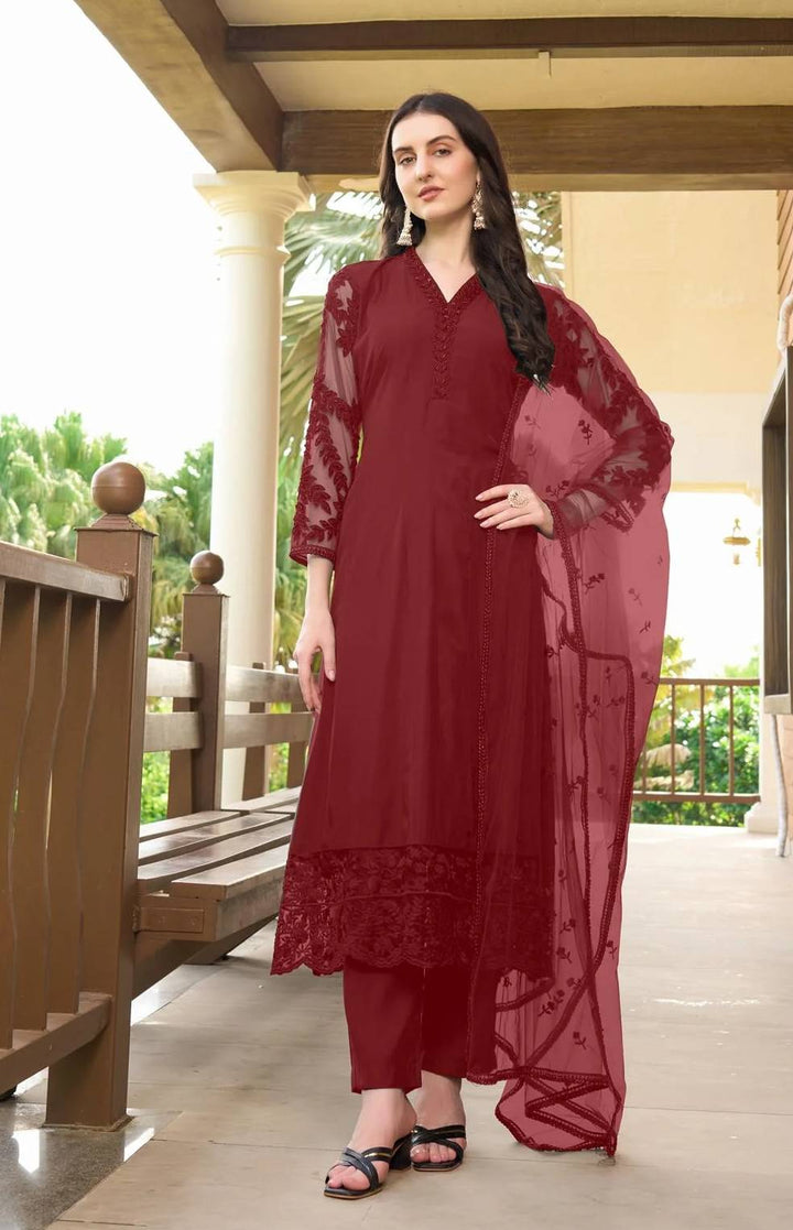 Maroon Embroidered Art Silk Straight Suit