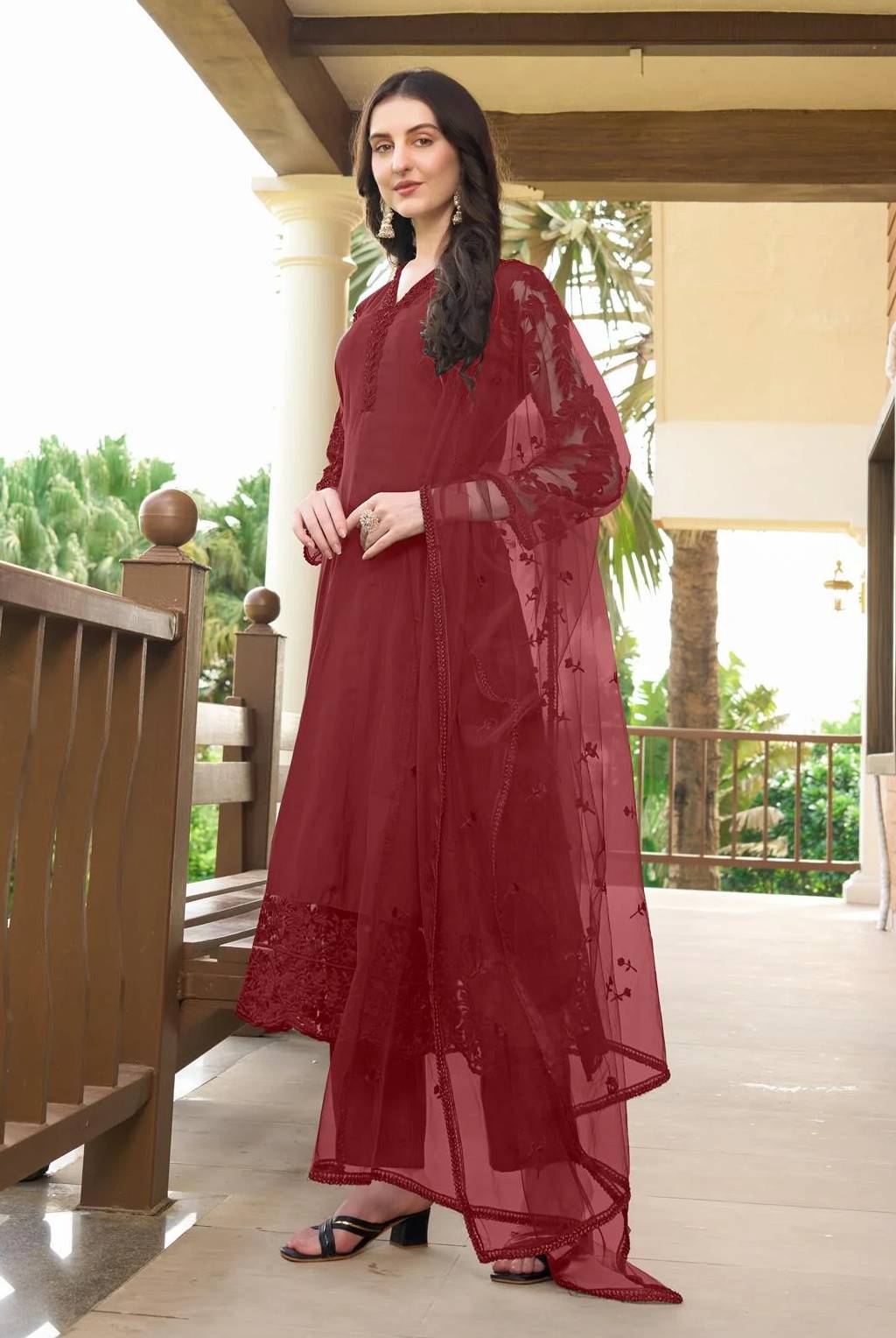 Maroon Embroidered Art Silk Straight Suit