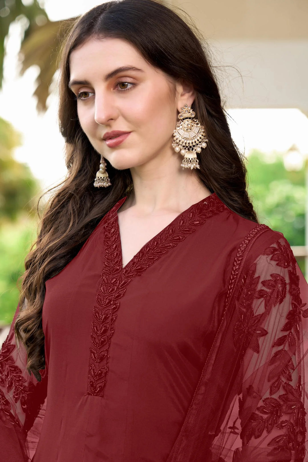 Maroon Embroidered Art Silk Straight Suit