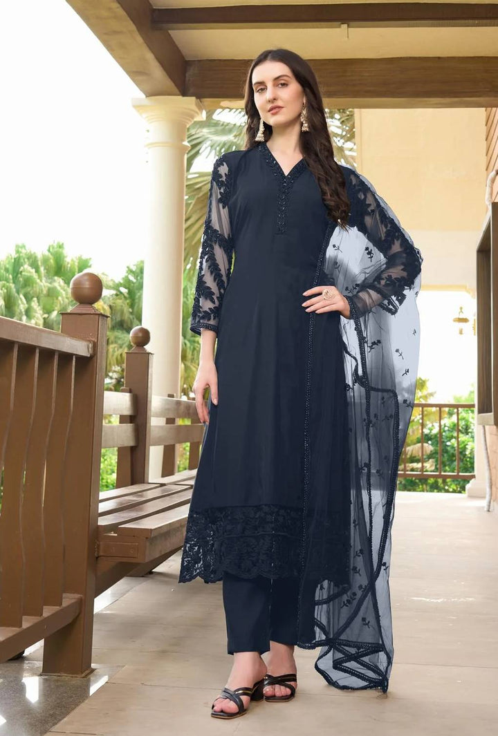 Navy Blue Embroidered Art Silk Straight Suit