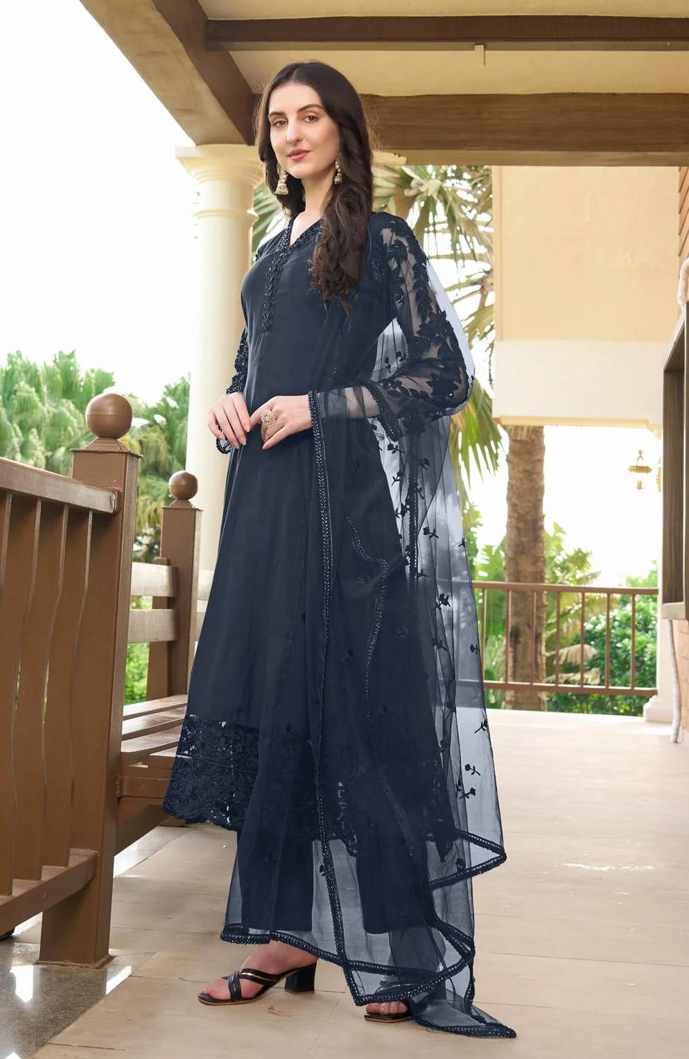 Navy Blue Embroidered Art Silk Straight Suit