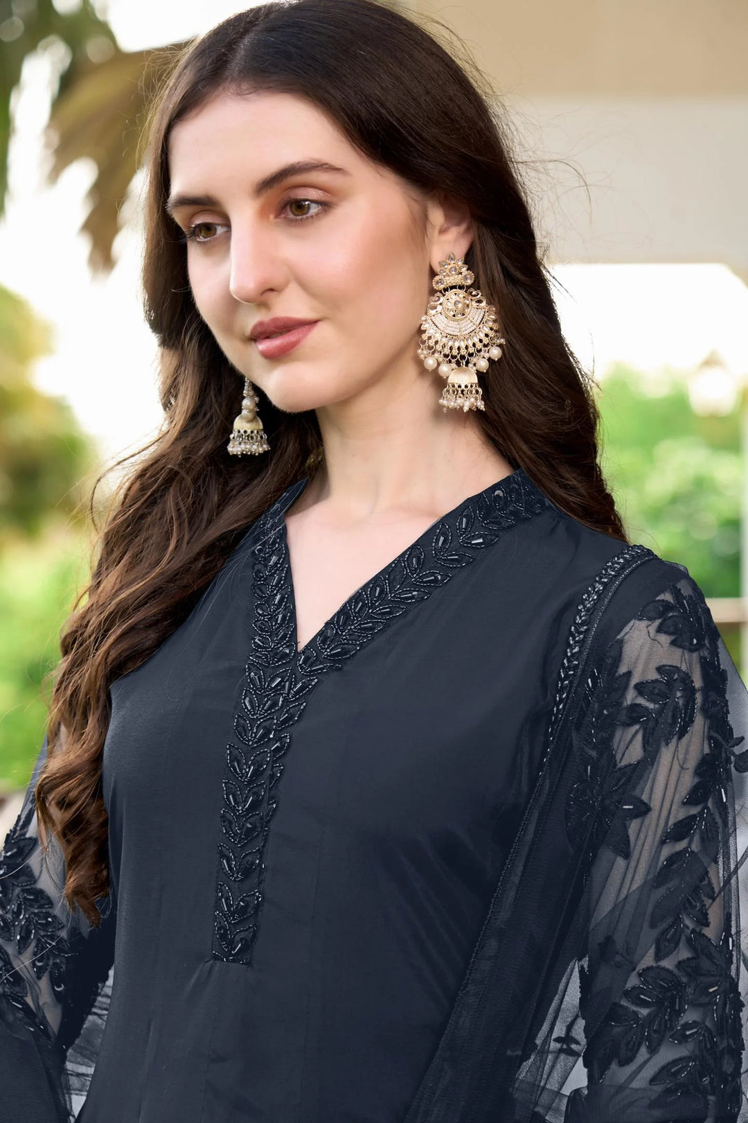 Navy Blue Embroidered Art Silk Straight Suit