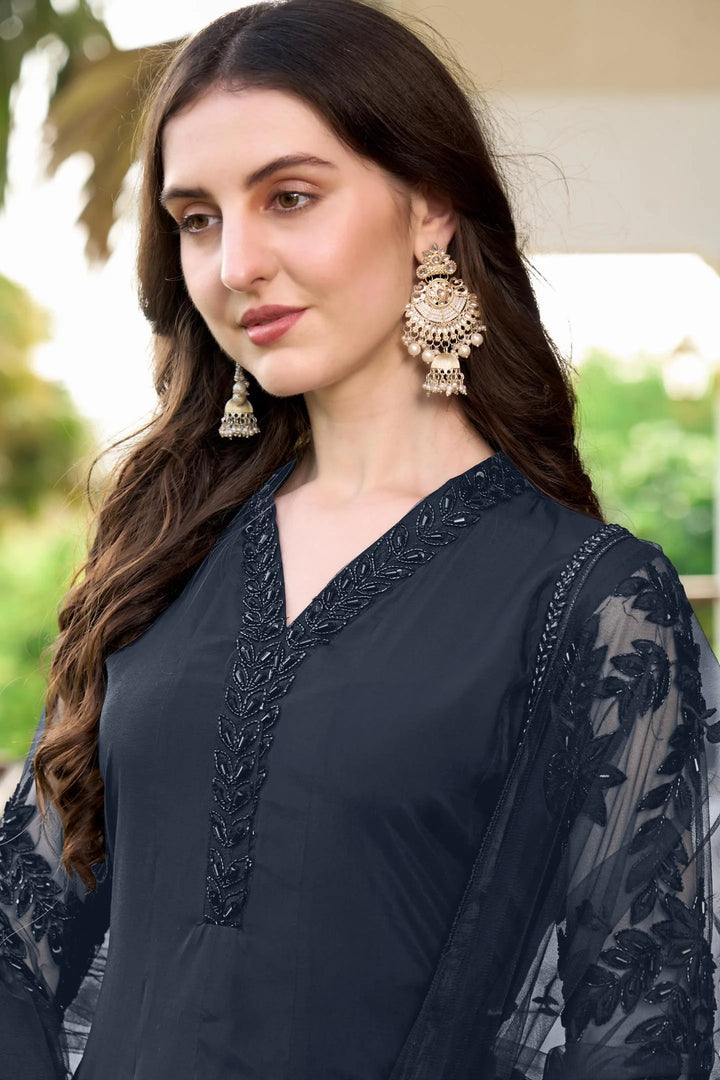 Navy Blue Embroidered Art Silk Straight Suit