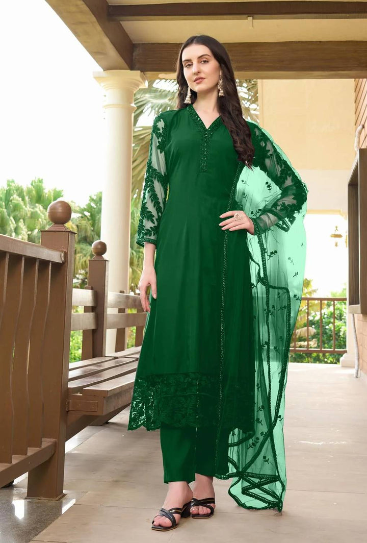 Green Embroidered Art Silk Straight Suit