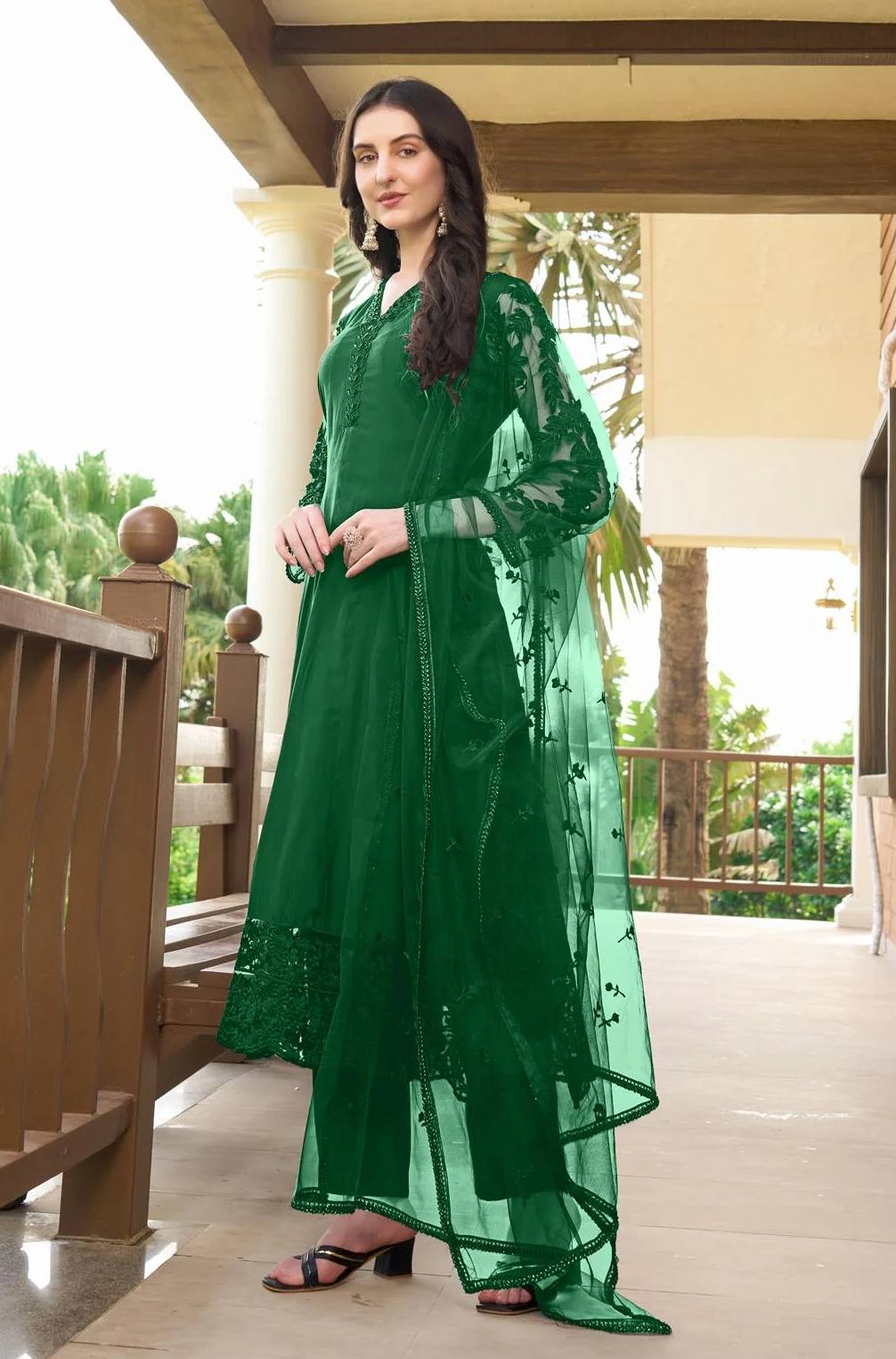 Green Embroidered Art Silk Straight Suit