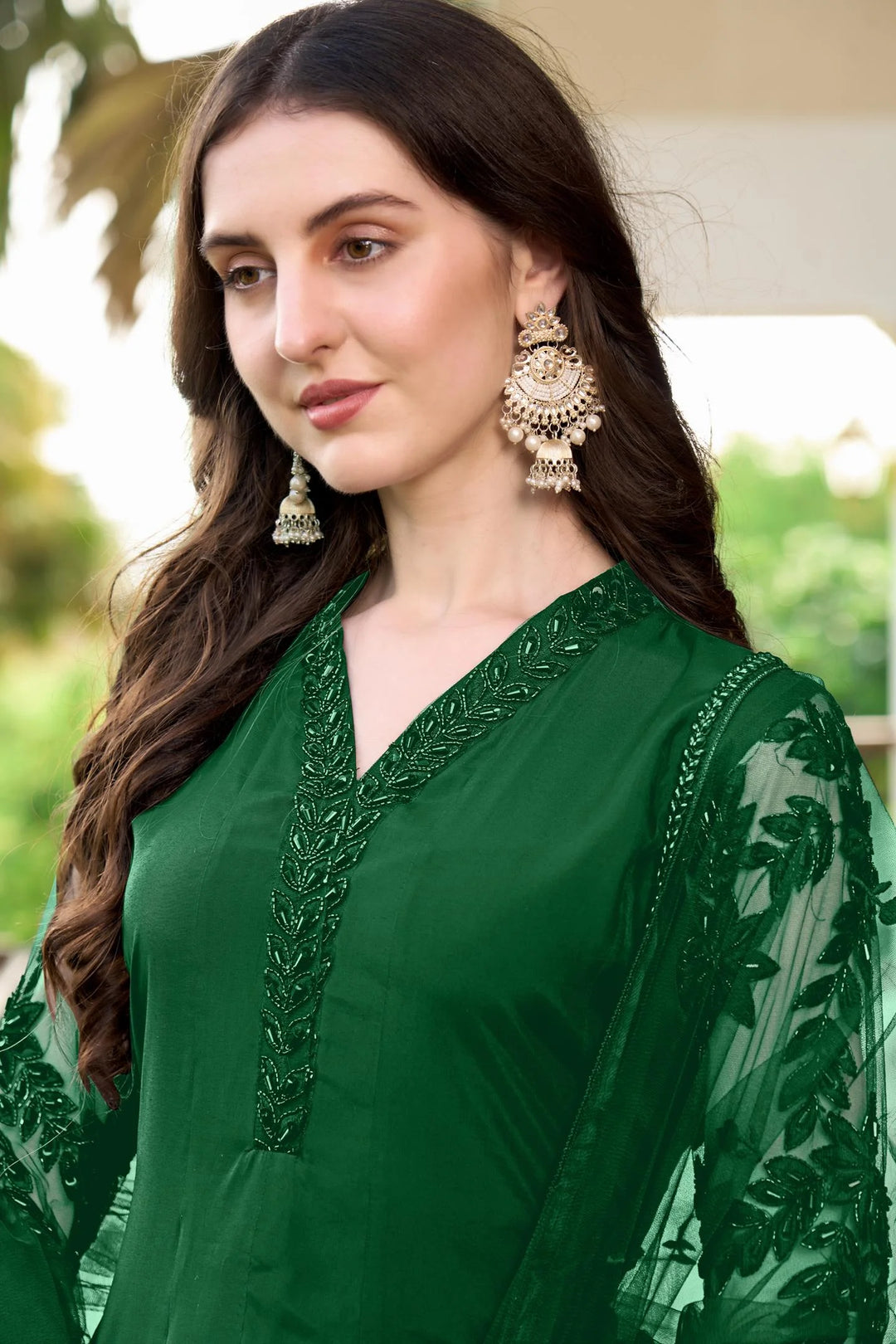 Green Embroidered Art Silk Straight Suit