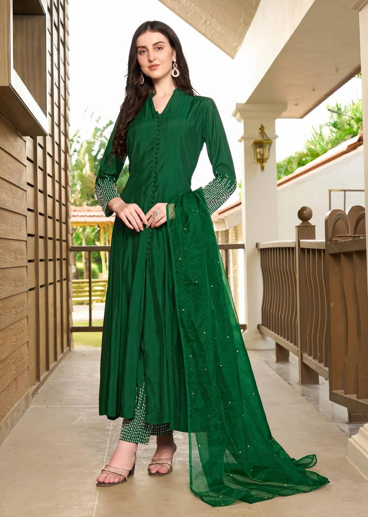 Green Embroidered Art Silk Anarkali Suit