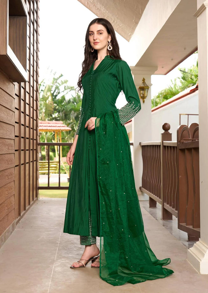 Green Embroidered Art Silk Anarkali Suit