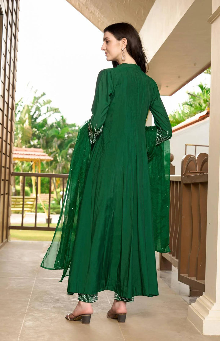 Green Embroidered Art Silk Anarkali Suit