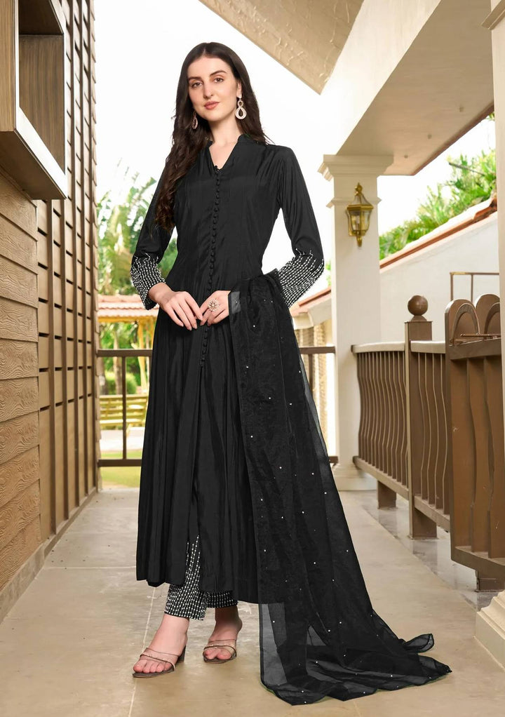 Black Embroidered Art Silk Anarkali Suit