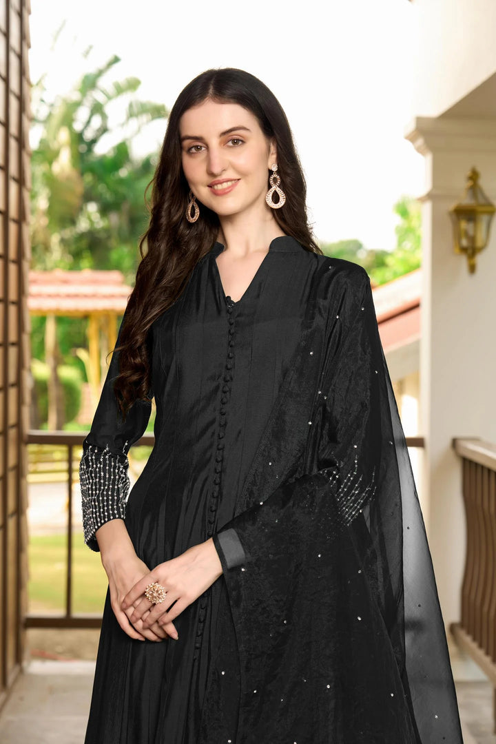Black Embroidered Art Silk Anarkali Suit