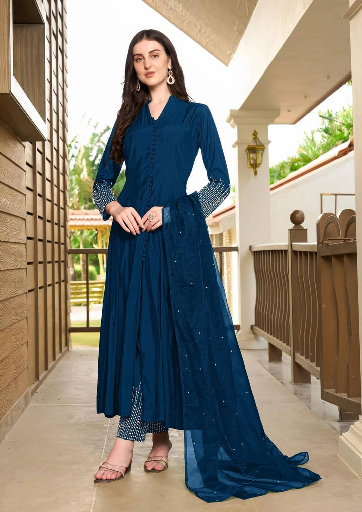 Blue Embroidered Art Silk Anarkali Suit