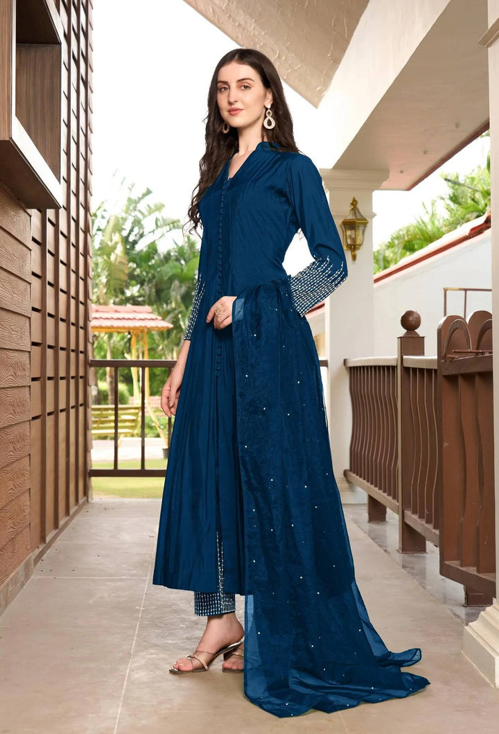 Blue Embroidered Art Silk Anarkali Suit