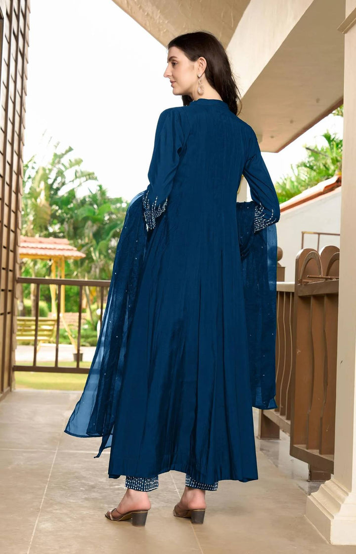 Blue Embroidered Art Silk Anarkali Suit