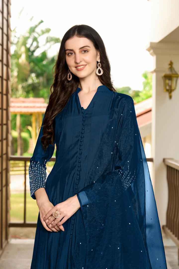 Blue Embroidered Art Silk Anarkali Suit